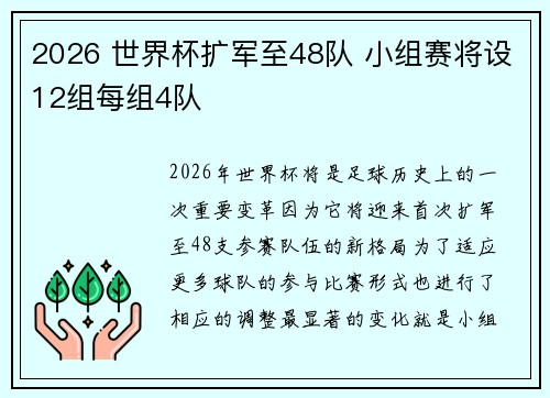 2026 世界杯扩军至48队 小组赛将设12组每组4队